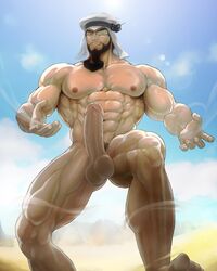 1boy abs arab_male beard blurred_background erect_nipples erection facial_hair from_below headwear huge_cock hydaria male male_only muscle muscles muscular nude pecs rashid scouter street_fighter tinted_eyewear veiny_penis