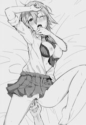 barefoot blush breasts censored female fingering highres idolmaster idolmaster_cinderella_girls kimura_natsuki leg_up lying monochrome short_hair simple_background skirt sweat