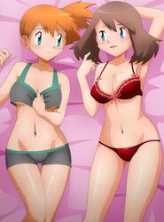 2girls abs aged_up alternate_breast_size alternate_outfit bed belly blue_eyes blush bra brown_hair clothed eye_contact female female_only green_eyes human human_only kasumi_(pokemon) may_(pokemon) midriff navel nintendo orange_hair panties piercings pokemon pokemon_rgby pokemon_rse pose red_bra red_panties shorts side_ponytail source_request thick_thighs underboob wide_hips zel-sama