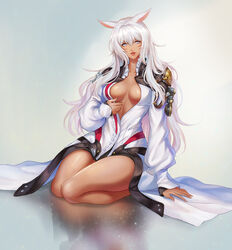 alternate_hair_length alternate_hairstyle animal_ears arm_at_side arm_support breasts cleavage facial_mark female final_fantasy final_fantasy_xiv high_resolution kneeling leaning_to_the_side lips long_coat long_hair looking_at_viewer medium_breasts miqo'te nekomimi no_bra open_clothes open_mouth pengnangehao seiza silver_eyes sitting slit_pupils solo white_hair y'shtola