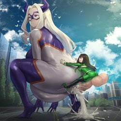 1futa 1girls ass big_ass big_breasts bimbo breasts city cum cum_inflation cum_inside excessive_cum female futa_on_female futanari giantess hero_outfit_(mha) huge_ass huge_cock hyper_balls hyper_penis hyper_testicles larger_female mount_lady mounting my_hero_academia outside penis perching_position sinensian size_difference small_but_hung smaller_futanari tight_clothing tight_fit tsuyu_asui uncensored yuu_takeyama