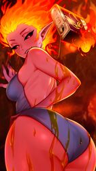 ass demon demon_girl fire gasoline naama_(sinful_puzzle) pointy_ears sinful_puzzle tight_clothing tight_fit