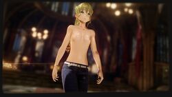 1girls 3d alternate_costume alternate_hairstyle bangs belt bracelet breasts code_vein collarbone female female_only green_eyes jeans long_hair mia_karnstein mod navel necklace nipples ponytail shiny_skin small_breasts topless