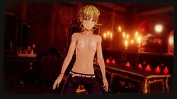 1girls 3d alternate_costume alternate_hairstyle bangs belt bracelet breasts candles chair code_vein collarbone female female_only green_eyes jeans long_hair mia_karnstein mod navel necklace nipples ponytail shiny_skin skull small_breasts topless