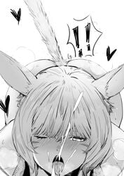 !! after_fellatio animal_ears ass bangs blush cat_ears cat_tail club3 cum ejaculation facial fellatio female final_fantasy final_fantasy_xiv greyscale heart heart-shaped_pupils highres kneeling miqo'te monochrome nanaya_(daaijianglin) nude one_eye_closed open_mouth oral pov short_hair signature simple_background solo steaming_body symbol-shaped_pupils tail tongue tongue_out whisker_markings white_background y'shtola