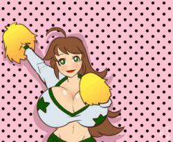 animated bouncing_breasts breasts brown_hair cheerleader cheerleader_uniform cleavage cleavage_cutout female green_eyes large_breasts long_hair marrazan pom_poms smiling waist