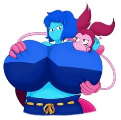 2girls alternate_breast_size blue_hair blue_skin female_only grope half-closed_eyes huge_breasts lapis_lazuli_(steven_universe) multiple_girls pink_hair pink_skin size_difference smile spinel_(steven_universe) steven_universe tagme touhoufan