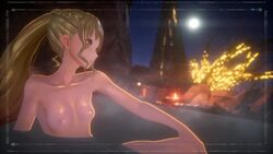 1girls 3d alternate_costume alternate_hairstyle bangs breasts code_vein collarbone female female_only fire green_eyes hot_spring long_hair mia_karnstein mod moon navel nipples nude open_mouth ponytail shiny_skin small_breasts water