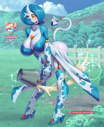 1girls alternate_color anthro anthrofied ass ass_expansion big_ass big_breasts blush breast_expansion breasts cleavage cow_girl cow_print elbow_gloves gardevoir gloves high_heels large_breasts looking_at_viewer milk mooshroom nintendo open_mouth patreon pokémon_(species) pokemon pokemon_(species) pokemon_rse shiny_pokemon solo supersatanson text thighhighs url watermark