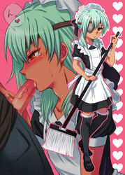 2boys blush broom crossdressing cum cum_in_mouth cum_inside dark-skinned_femboy dark-skinned_male dark_skin erection eye_patch fellatio femboy gay girly inazuma_eleven inazuma_eleven_(series) maid maid_headdress male_only oral sakuma_jirou tear thighhighs trap yaoi