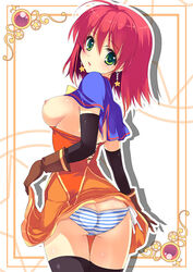 alice_wishheart ass ass_cleavage black_legwear blue_striped_panties blush breasts butt_crack capelet character_request dress earrings elbow_gloves female_only gloves green_eyes jewelry looking_back magical_halloween nipples orange_dress panties red_hair shimapan side-tie_panties striped striped_panties thigh_gap thighhighs trefoil underwear yukiwo