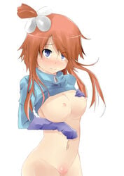 1girls blue_eyes blush breasts eyebrows_visible_through_hair female female_only game_freak hair_ornament human human_only huuro_(pokemon) large_breasts navel nintendo nipples pokemon pokemon_bw pussy skyla_(pokemon) smile solo uncensored zaurus