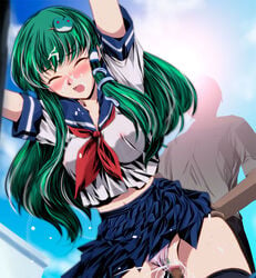 1girls blush breasts censored facial female frog from_below green_hair hair_ornament long_hair midriff navel nipples no_bra panties panties_aside pubic_hair sanae_kochiya school_uniform see-through serafuku sex solo thighhighs touhou underwear yamaguchi_takashi yamaguchi_yuu