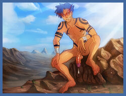 1boy anma barefoot blue_hair cum day feet front_view kamina male male_only muscles outdoors penis sitting solo tattoo tengen_toppa_gurren-lagann tengen_toppa_gurren_lagann