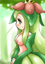 blush breasts cosplay costume crown doredia green_hair green_theme large_breasts lilligant lilligant_(cosplay) nipples personification pokemon pokemon_(cosplay) profile smile uranoyoru