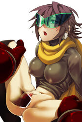 breasts brown_hair capcom censored duo earrings erect_nipples female glasses green-tinted_eyewear green_eyes jewelry male mega_man mega_man(classic) midriff open_mouth penis proto_man pussy rule_63 scarf sex short_hair sitting skin_tight spread_legs straight sunglasses sweat thighhighs tinted_eyewear vaginal_penetration visor visor_(eyewear) visor_glasses zakki