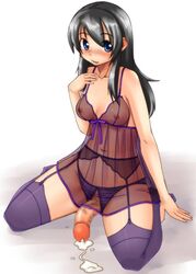 1futa black_hair blue_eyess blush breasts censored cum futa_only futanari intersex legwear lingerie long_hair looking_at_viewer medium_breasts mosaic_censoring navel nipples no_testicles nokoppa panties penis ribbon see-through sitting solo stockings thighhighs underwear