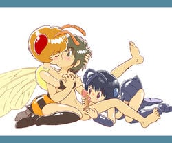 1boy 2girls ant barefoot bee_girl bi-nyo blush boots brown_eyes brown_hair censored clothed_female_nude_male clothed_on_nude fellatio femdom group_sex insect_girl kissing leg_lift legs_held_open licking male monster_girl multiple_girls nude oral penis pukao red_eyes simple_background straight striped threesome wings