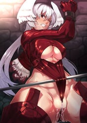 between_labia big_breasts breasts cum cumdrip erect_nipples female final_fantasy final_fantasy_tactics frontal_wedgie head_wings headwings hijiri innie_pussy large_breasts leotard long_hair one_closed_eyes red_eyes silver_hair sitting tear thighhighs ultima_(fft) uncensored underboob wings wink