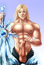 1boy abs artist_request balls bara biceps big_penis blonde blonde_hair blonde_pubic_hair blue_background eight_pack foreskin front_view holding_object holding_sword holding_weapon huge_cock huge_penis human human_only large_penis licking_lips long_hair looking_at_viewer male male_chest male_focus male_nipples male_only muscle muscles muscular muscular_male naked nipples nude nude_male nudity pants_down pecs penis presenting presenting_penis pubic_hair siegfried solo soul_calibur standing sword testicles topless uncensored uncut veiny_penis yaoi