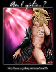 1boy akatsuki_(naruto) beige_skin blonde_hair clothes color deidara front_view human ireal70 male male_only naruto solo tagme tattoo uncensored yaoi