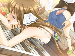 1boy 1girls against_wall ass bent_over blush breasts brown_hair buttjob buttjob_under_clothes censored classy_cranberry's clothed_sex duo erect_nipples erection faceless_male female from_behind game_cg green_eyes grinding hanging_breasts happoubi_jin human kura_kura kusunoki_miu long_hair male mizugi nipples one-piece_swimsuit open_mouth outdoors outercourse outside penis precum school_swimsuit sex small_breasts straight swimsuit