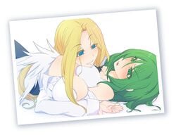 asymmetrical_docking blonde_hair blue_eyes breast_press breasts character_request chest_tuft copyright_request dougan_calpis_con dutch_angle female green_eyes green_hair huge_breasts multiple_girls open_clothes open_shirt photo_(object) shirt white_background yuri