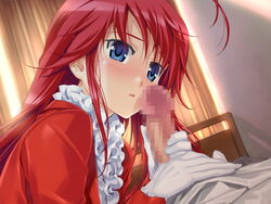 1boy 1girls blue_eyes blush censored female game_cg gloved_handjob gloves handjob happoubi_jin indoors kazanin_yukariko kura_kura light-skinned_female light-skinned_male light_skin long_hair male penis red_hair straight white_gloves