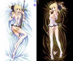 1girls anus artoria_pendragon artoria_pendragon_(lily) ass bare_shoulders bed_sheet between_thighs blonde_hair blue_eyes blush bow breasts bustier caliburn cleavage dakimakura detached_sleeves erect_nipples fate/stay_night fate/unlimited_codes fate_(series) female female_only from_behind garter_straps green_eyes hairbow human kneepits lace lace-trimmed_thighhighs lace_panties legs lingerie looking_back nagumo_(qmzp10) nipples panties ponytail pussy sample scabbard sheathed_weapon sheet_grab solo sword thighhighs tied_hair toony uncensored underwear watermark weapon white_legwear