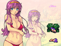 athena_(series) athena_asamiya blush breasts cleavage female human_female light-skinned_female light_skin long_hair male male/female open_mouth orc orc_male penis pixel_art princess_athena purple_hair snk solo spitroast torn_clothes yoko_jyusuke zoom_layer