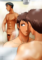 2boys beige_penis beige_skin brown_eyes brown_hair club_z flaccid grey_eyes grey_hair human human_only locker_room male male_only matching_hair_and_eyes mirror mosaic_censoring multiple_boys muscle nude penis shower standing steam tan_penis tan_skin tanline tanned tile towel voyeurism yaoi