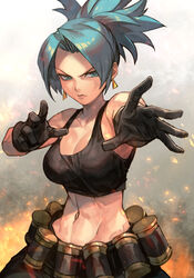 bare_midriff belly blue_eyes blue_hair breasts cleavage female female_only gloves hungry_clicker ikari_warriors king_of_fighters leona_heidern looking_at_viewer ponytail serious snk snk_heroines:_tag_team_frenzy solo stern_expression