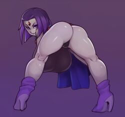 1girls ass bent_over big_breasts bob_cut cape clothing dc dc_comics eyeshadow female female_only forehead_jewel grey_skin hanging_breasts high_heels huge_breasts leotard looking_at_viewer looking_back plantpenetrator purple_background purple_eyes purple_hair rachel_roth raven_(dc) short_hair solo teen_titans underboob