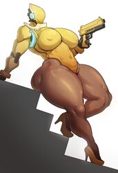 1girls ass bare_legs big_ass big_breasts big_butt big_hips big_thighs breasts brown_skin busty butt curvy dark-skinned_female dark_skin donaught erect_nipples erect_nipples_under_clothes feet female female_only firearm gun handgun haydee haydee_(game) helmet high_heels hourglass_figure large_breasts large_thighs leaning leotard solo stairs standing tagme thick thick_thighs venus_body voluptuous weapon wide_hips yellow_leotard