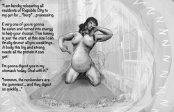 1girls avatar_legends belly big_belly breasts bulge burping dark-skinned_female dark_skin english_text female ghostlurker giantess horror korra medium_breasts nipples text the_avatar the_legend_of_korra vore water_tribe