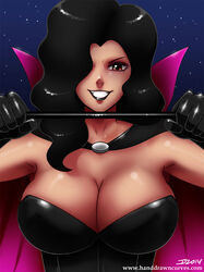 1girls 2014 battletoads black_gloves black_hair black_lips black_lipstick breasts cape cleavage clothed clothing dark_queen female female_only gloves hair_over_one_eye human human_only john_joseco large_breasts lipstick looking_at_viewer red_eyes shiny shiny_hair shiny_skin smile solo