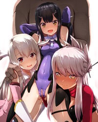 1boy 3girls arms_behind_head bangs bare_shoulders black_bra black_hair blonde_hair blush bra breasts brown_eyes chloe_von_einzbern clothed_female_nude_male commentary_request covered_nipples dark_skin detached_sleeves dress eyebrows_visible_through_hair fate/kaleid_liner_prisma_illya fate_(series) gloves hair_between_eyes hair_ornament hairclip hand_on_another's_shoulder illyasviel_von_einzbern long_hair looking_at_viewer magical_girl miyu_edelfelt multiple_girls nude open_mouth pink_dress pink_hair purple_gloves pussy pussy_juice red_eyes rougetsu_(eclipse) small_breasts smile thighhighs twintails ugly_bastard ugly_man underwear white_gloves white_hair x_hair_ornament yellow_eyes