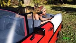 1girls 3d animated bestiality blonde_hair canine canine_on_human car convertible dog doggy_style eyes_closed female_on_feral interspecies jaydog looping_animation no_sound nude outdoors tied_hair video zoophilia