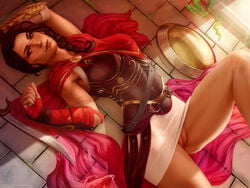 1girls ancient ancient_greece ancient_history assassin's_creed_(series) assassin's_creed_odyssey bottomless_skirt brown_eyes brown_hair dark_hair european female female_only female_protagonist greece greek greek_clothes greek_female history kassandra long_hair peeping pussy shaved_pussy shield skirt skirt_lift southern_european sword teasing themaestronoob ubisoft uncensored