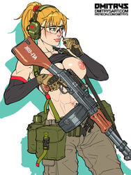 1girls abs areolae big_breasts breasts dmitrys emily_(dmitrys) female female_only gun headset large_breasts machine_gun muscles muscular muscular_female nipples solo tactical_gear weapon