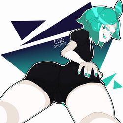 androgynous back_view eggshoppe fat_mons green_eyes green_hair half-closed_eyes hand_on_ass land_of_the_lustrous looking_back phosphophyllite short_hair shorts spread_legs tongue_out unknown_gender