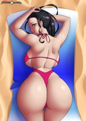 beach beach_towel big_ass big_breasts big_butt bikini doggy_style drakonaskar female female_only nico_robin one_piece patreon post-timeskip pov pov_eye_contact thong