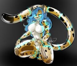 anthro blue_eyes blue_hair breasts cheetah female female_only furry genital_fluids glowing_eyes machine mammal neekokarina nude pussy pussy_juice robot synthlinezoid tail tailwag