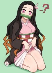 ? afrobull bamboo_gag black_hair demon_slayer dress female female_focus female_only haori japanese_clothes kamado_nezuko kimetsu_no_yaiba kimono lifting_clothing lifting_dress long_hair multicolored_hair obi open_toe_shoes pink_eyes sandals solo tagme thighs