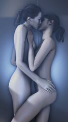 2girls 3d breasts brown_hair chell crossover female hands height_difference kissing left_4_dead left_4_dead_(series) multiple_girls naked nipples nude ponytail portal_(series) thighs valve waywardsfm yuri zoey_(left_4_dead)