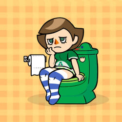 1girls animal_crossing animal_crossing_girl bottomless dress_lift froggy_chair green_eyes hips meme nintendo no_panties only_player sitting stockings toilet toilet_paper toilet_use villager_(animal_crossing)