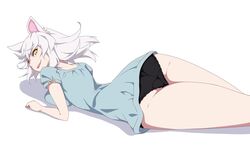 black_hanekawa black_panties cat_ears clear_background female hanekawa_tsubasa light_skin monogatari_(series) shadows sleepy white_hair yellow_eyes