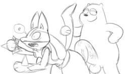 anthro big_penis chrislel derp_eyes grizzly_bear lucario male_only orgasm pokemon pokemon_(species) surprised we_bare_bears