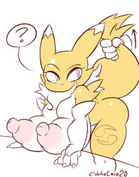 anthro breasts clubviacavo digimon digimon_(species) fox furry huge_breasts huge_nipples nipples renamon tail tail_grab