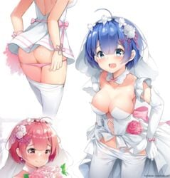 2girls back_view blue_hair chintora0201 clothing green_eyes multiple_girls panties panties_down pink_eyes pink_hair pink_panties ram_(re:zero) re:zero_kara_hajimeru_isekai_seikatsu rem_(re:zero) sisters twins upskirt